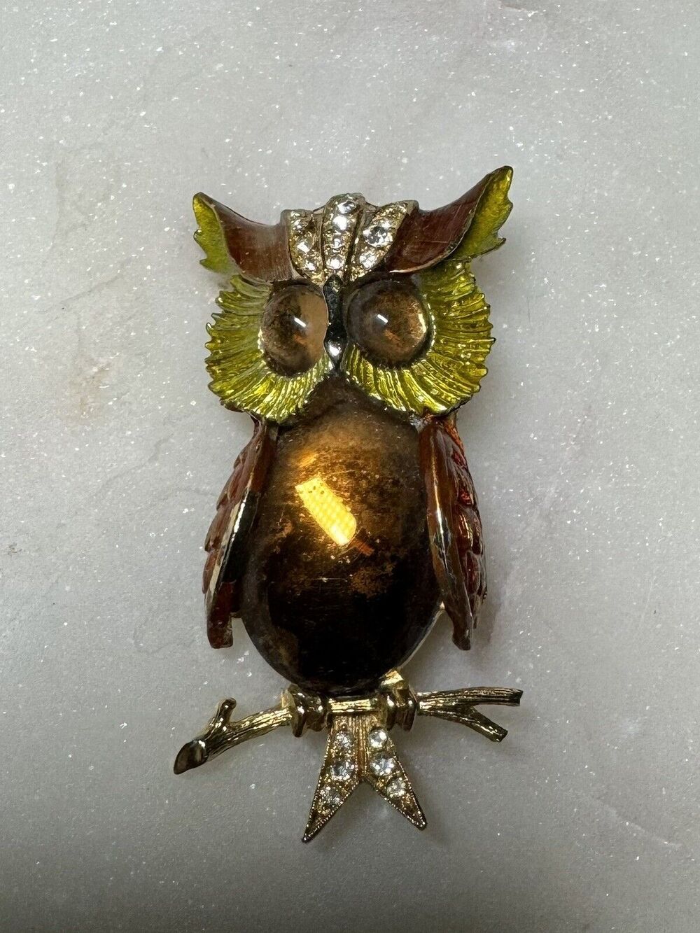 Vtg Art Amber Glass Jelly Belly Rhinestone Owl Pin Brooch Gold Tone